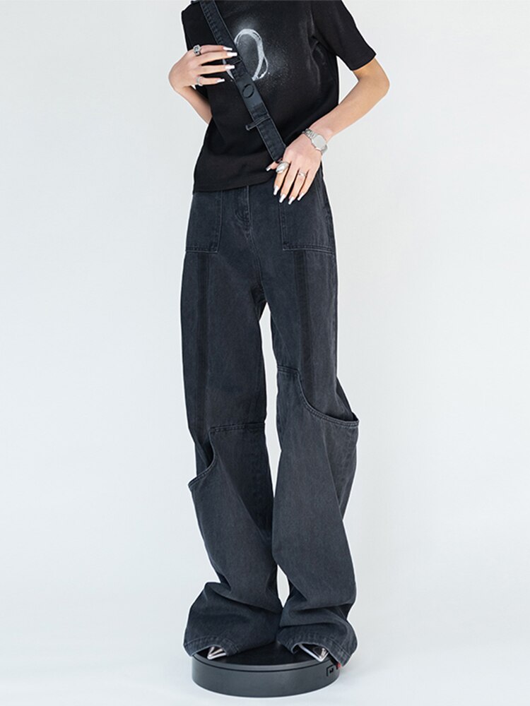 Black Jeans Streetwear For Women High Waist Trousers Wide Leg Big Pockets Overalls Patchwork Baggy Vintage Denim Car